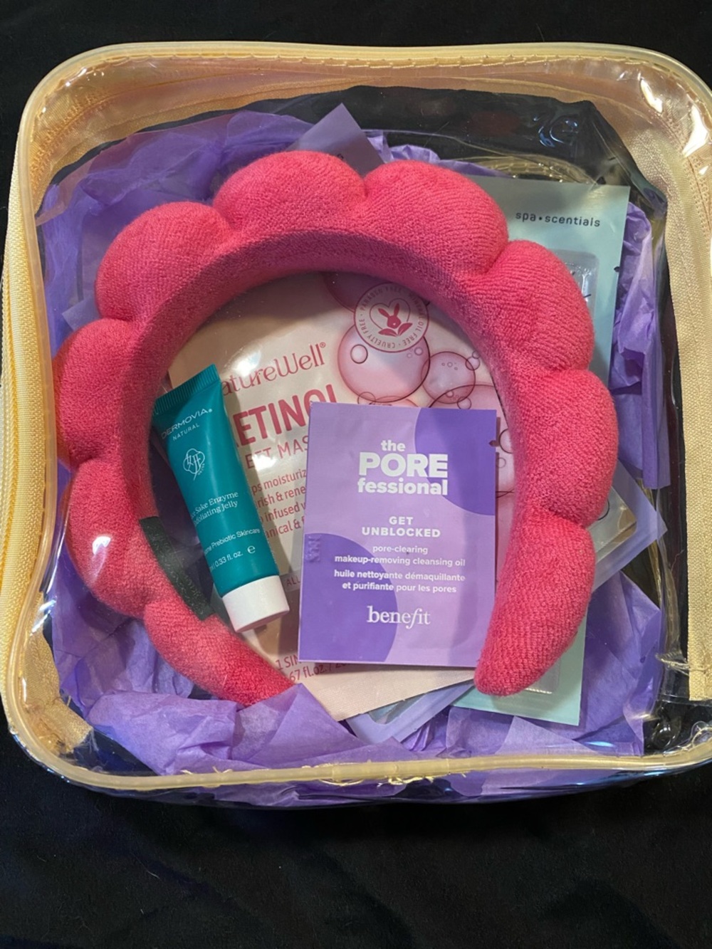 Pink Plush Headband with Skincare Sample Set - Benefit & Misc. Brands